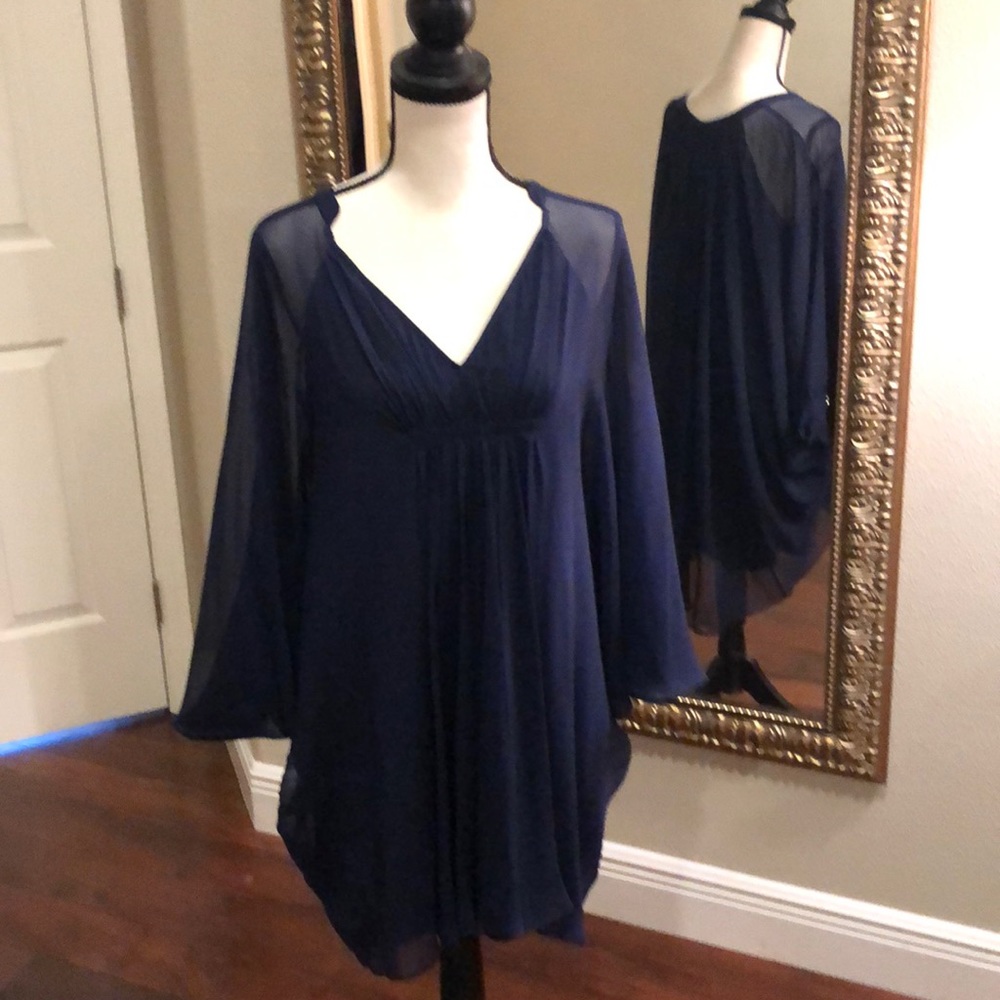 Navy blue cocktail dress sheer sleeves gold button